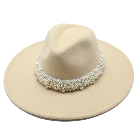 Elegant Wide Brim Fedora Hat Wool Felt With White Artificial Pearl Band British Retro Jazz Style For Women Men