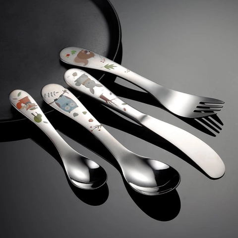 Posate Per Bambini In Acciaio Inossidabile 304 Cartoni Animati Animali Coniglio Volpe Gufo Scoiattolo Modello Lucido Utensili