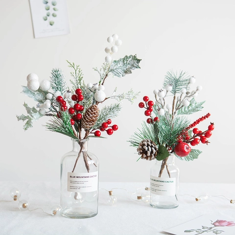 Artificial Christmas Picks With Pine Cones Berries Pine Needles Frosted Holiday Home Decor Floral Arrangement