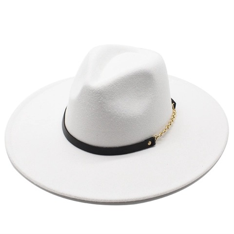 Wide Brim Fedora Hat Elegant Woolen Felt With Gold Chain And Leather Band Retro Jazz Sun Hat For Men And Women