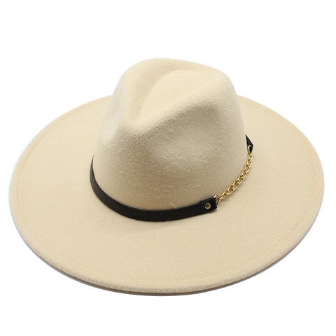 Wide Brim Fedora Hat Elegant Woolen Felt With Gold Chain And Leather Band Retro Jazz Sun Hat For Men And Women
