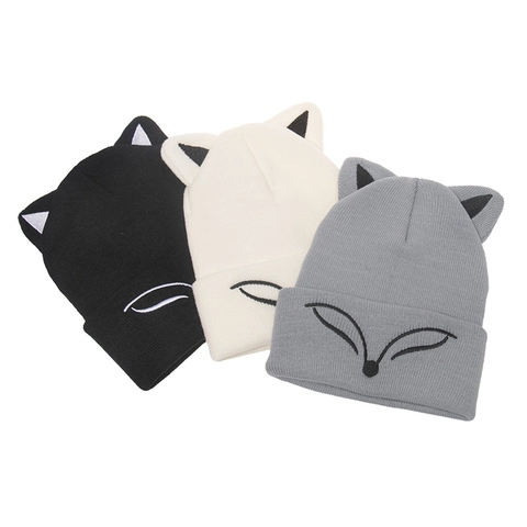 Fox Ear Knitted Beanie Acrylic 3D Animal Ear Embroidery Cuffed Winter Warm Hat For Women And Men
