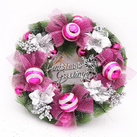 Corona de Navidad Artificial Con Agujas de Pino Bolas Decorativas Lazos Flores Letrero de Saludos Para Puerta Pared Hogar Fiesta Deco