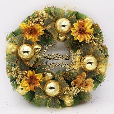 Goldener Weihnachtskranz Künstliche Kiefernnadel Dekoration Mit Metallischen Kugeln Schleifen Und Blumen Für Die Haustür Wand
