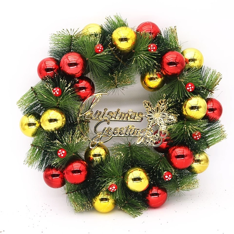 Corona de Navidad Artificial Con Bolas Rojas Doradas Lazo Campana Letrero Merry Christmas Decoración Colgante de Puerta