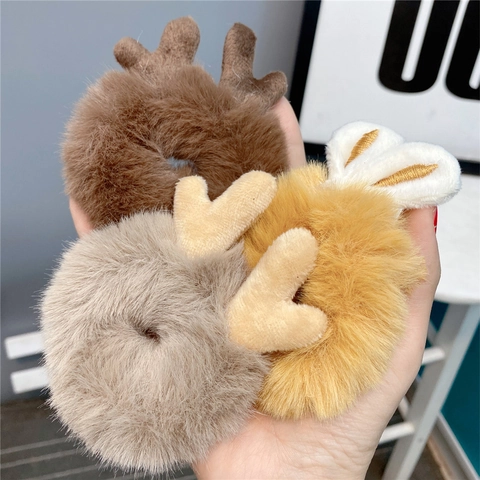 Plüsch Haargummi Scrunchies Süße Hasenohren Weihnachten Rentier Geweih Kunstpelz Elastische Haarbänder Damen Mädchen Accessoires