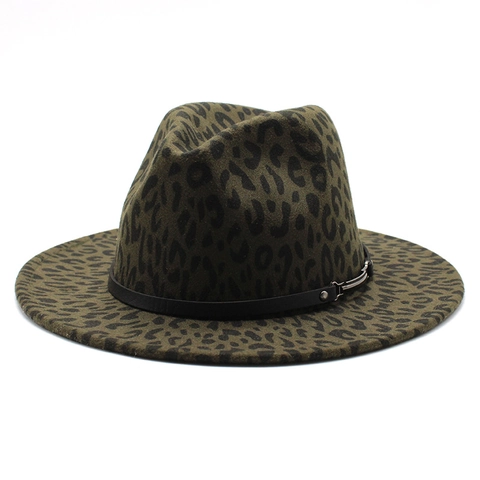 Leopard Print Fedora Hat Wide Flat Brim Cotton Polyester Felt Jazz Hat With Buckle Belt Fashion Unisex