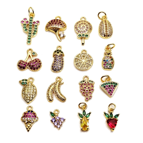 Mini Fruit Food Shaped Charms Copper Zircon Micro Pave Pendants For DIY Necklace Bracelet Jewelry Making Gold Plated