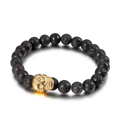 Pulsera De Cuentas De Piedra Volcánica Para Hombre Con Calavera De Acero Inoxidable Elástica Punk Gótico Joyería