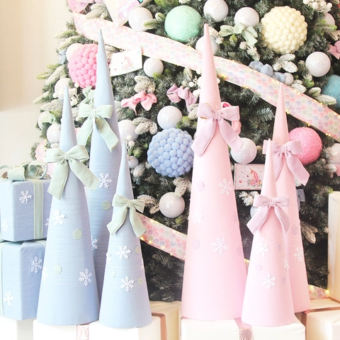 Adornos De Cono De Árbol De Navidad Tela Flocada Macarrón Rosa Azul Copo De Nieve Lazo Decoración De Escritorio Hogar Fiesta