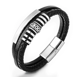 Men Multi-layer Cowhide Leather Woven Bracelet Stainless Steel Magnetic Clasp Vintage Punk Titanium Steel Bangle Jewelry