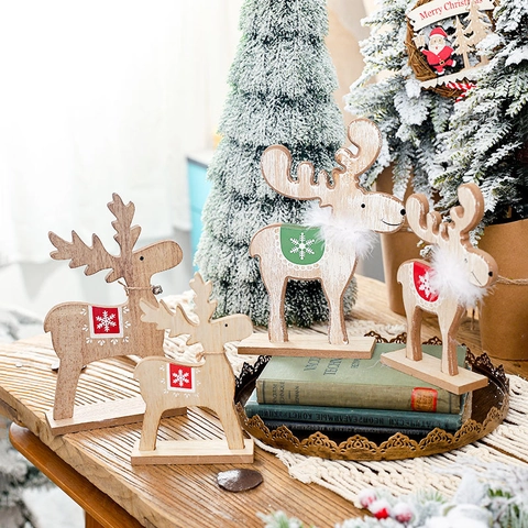 Décorations De Renne De Noël En Bois Statue De Cerf De Bureau Avec Collier En Peluche Cloche Style Nordique Rustique