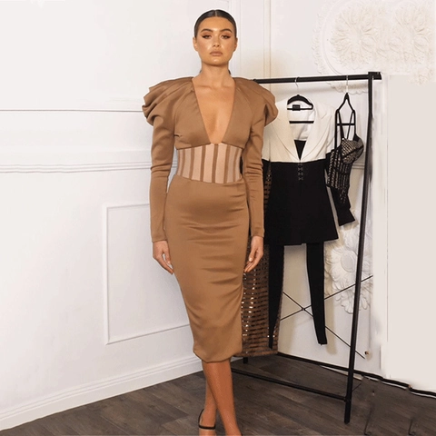 Vestito Midi Sexy Da Donna Scollo A V Maniche A Sbuffo Patchwork In Mesh Vita Trasparente Spacco Laterale Aderente Elegante Party