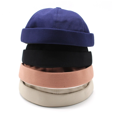 Gorro Docker De Algodón Sin Ala Borde Enrollado Retro Ajustable Color Sólido Streetwear Unisex