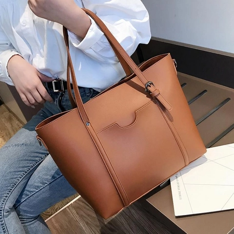 Large Capacity Tote Bag PU Leather Shoulder Handbag Retro Commuter Bag For Women With Front Pocket And Adjustable Strap