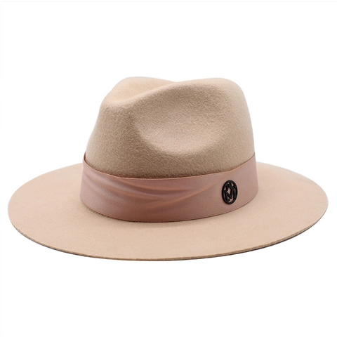 Wool Felt Fedora Hat Wide Brim Elegant Jazz Cap With Satin Ribbon And Metal Letter Decor For Men Women Vintage Style