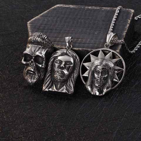 Men Vintage Bearded Skull Pendant Necklace 316L Stainless Steel Punk Gothic Jesus Head Jewelry Gift For Him