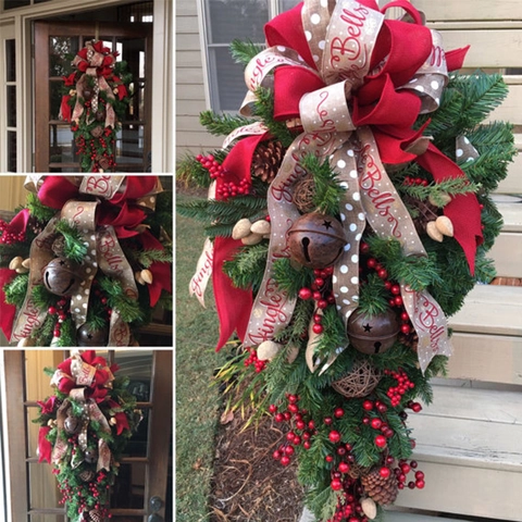 Artificial Christmas Teardrop Swag Wreath Pine Needles Red Berries Pine Cone Metal Bell Ribbon Bow Door Wall Hanging Decor