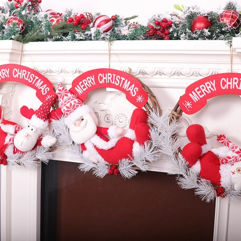 Corona Di Natale In Rattan Ornamento Appeso Con Babbo Natale Pupazzo Di Neve Renna Bambola Di Peluche Decorazione Porta