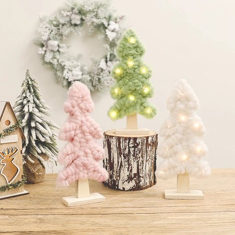 Mini Ornement Sapin De Noël En Laine Feutrée LED Lumineux Décoration De Bureau Base En Bois Décor De Fête Douillet