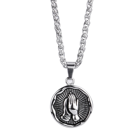Collar Con Colgante De Manos En Oración Oración De La Serenidad Acero Inoxidable Medalla Redonda Joyería Hip Hop Religiosa Para Hombre Mujer