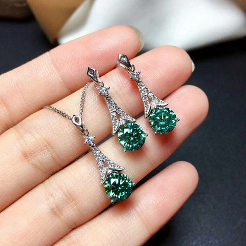 Geometrische Eiffeltoren Vorm Groene Ronde Edelsteen Koperen Oorbellen En Hanger Micro Verharde Sieraden Voor Vrouwen