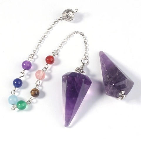 Natural Stone Hexagonal Pillar Pointed Crystal Pendulum Necklace With Beads For Yoga Healing Chakra Amethyst Quartz