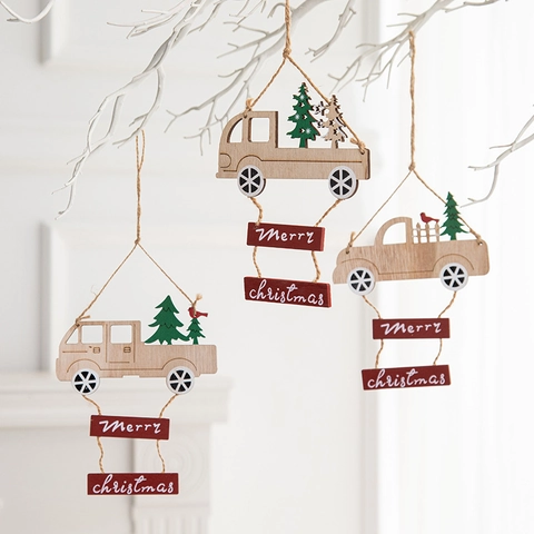 Wooden Christmas Hanging Ornaments Natural Wood Truck Reindeer Star Pendants With Pinecones For Holiday Tree Decor