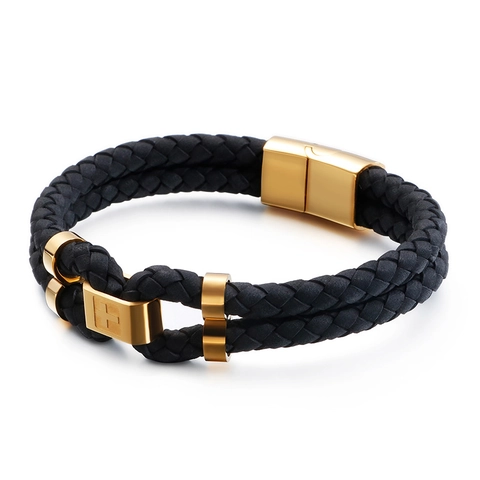 Bracelet En Cuir Tressé Double Couche Pour Hommes Avec Fermoir Magnétique En Acier Inoxydable Charme De Croix Style Punk