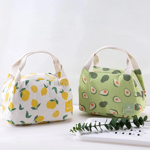 Borsa Frigo Per Il Pranzo In Cotone E Lino Fodera In Alluminio Portatile Termica Sacchetto Bento Stampa Frutta Borsa