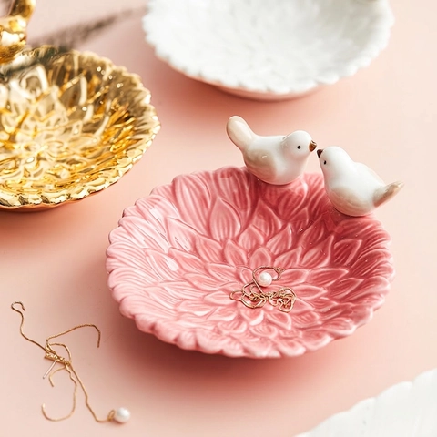 Ceramic Bird Jewelry Tray Decorative Leaf Shape Ring Dish Necklace Storage Plate Desktop Organizer Home Decor Accent