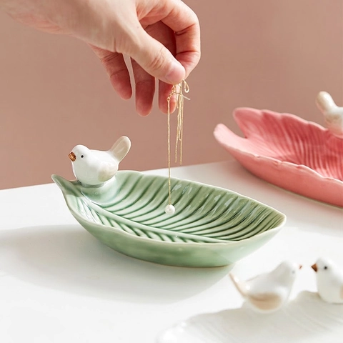Ceramic Bird Jewelry Tray Decorative Leaf Shape Ring Dish Necklace Storage Plate Desktop Organizer Home Decor Accent