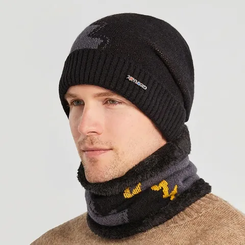 Berretto In Maglia Invernale Da Uomo E Sciarpa Scaldacollo Foderato In Pile Caldo Spesso Motivo Geometrico