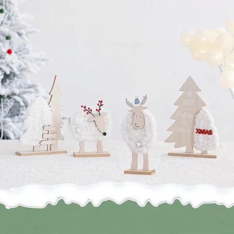 Christmas Desktop Ornaments Wood And Plush Wool Reindeer Sheep Tree Nordic Handmade Tabletop Holiday Home Decoration