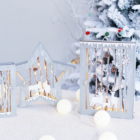 Ornamento Di Natale LED In Legno Luminoso Scena Foresta Renne Stella Scatola Forme Scrivania Decorazione Festiva Luce Calda Nordico