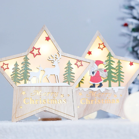 Estrella De Navidad Caja De Luz LED De Madera Decoración De Escritorio Papá Noel Reno Muñeco De Nieve Ornamento Brillo Cálido