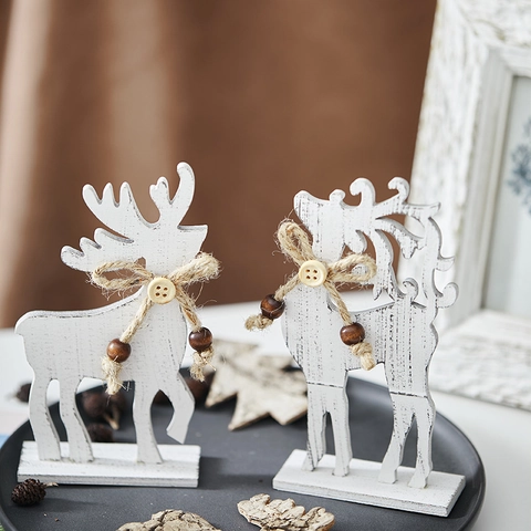 Ornements De Renne De Noël En Bois Finition Blanc Vieilli Noeud En Jute Perles En Bois Décor De Table Rustique