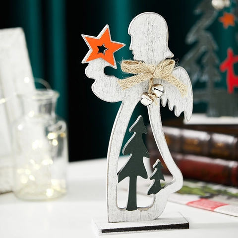 Holz Weihnachtsbaum Engel Ornamente Handgemachte Nordic Stil Desktop Dekorationen Mit Glocken Juteseil Rustikales Finish