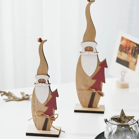 Papá Noel Adorno De Madera Escritorio Pintado A Mano Decoración Navideña Nórdica Con Árbol Rojo Campana Y Cordel