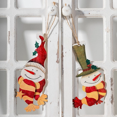 Wooden Snowman Christmas Hanging Pendants Hand Painted Rustic Holiday Tree Decorations Vintage Style With Jute Rope