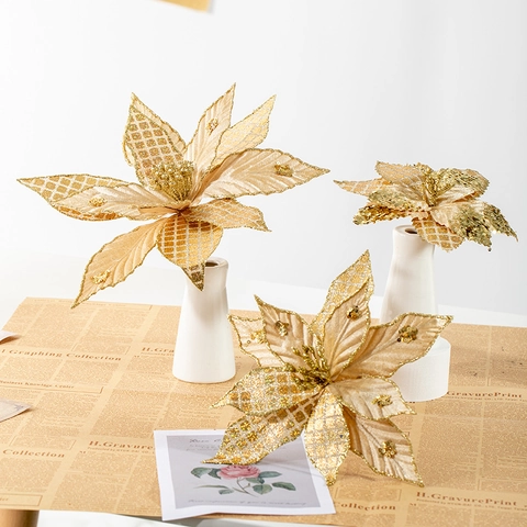 Schimmernde Weihnachtsblumen Künstliche Poinsettia Karierter Stoff Mit Glitzerpailletten Für Baumkranz Feiertagsdekoration