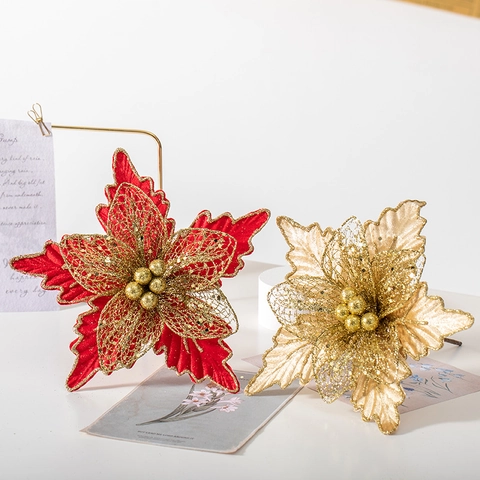 Artificial Christmas Poinsettia Flowers Glitter Mesh Fabric Sparkling Tree Wreath Decorations For Holiday Home Wedding