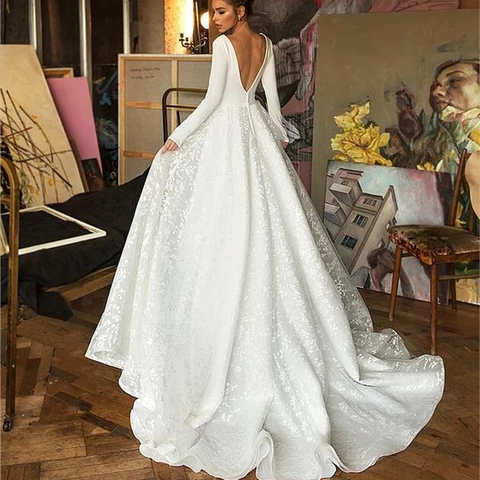 Elegante Witte Kant Trouwjurk Lange Mouwen Diepe V-Hals Rugloos Sleep Baljurk Bruidsjurk Voor Dames