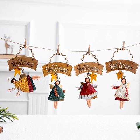 Welcome Schild Engel Fee Hängende Dekoration Metall Holz Bemalte Figur Für Tür Wand Weihnachten Rustikale Wohndeko