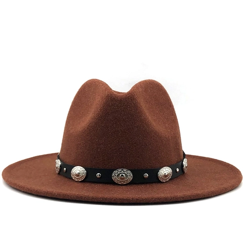 Wide Brim Fedora Hat Wool Felt Retro Metal Concho Studded Belt Vintage Western Style Jazz Dress Cap For Women