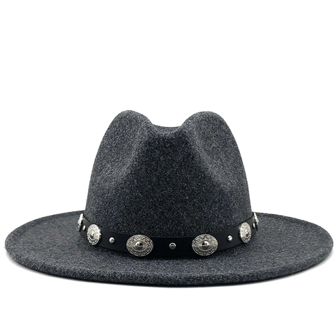 Wide Brim Fedora Hat Wool Felt Retro Metal Concho Studded Belt Vintage Western Style Jazz Dress Cap For Women