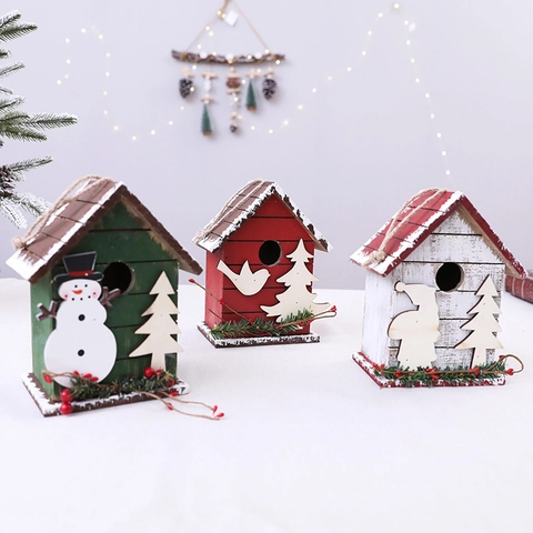 Kerst Houten Hut Vogelhuisje Hangende Ornamenten Handgemaakte Winter Feestelijke Bureau Decor Sneeuwpop Boom Patronen