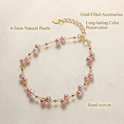 Freshwater Pearl Bracelet For Women Copper Alloy Gold Plated Double Layer Chain Heart Pendant Handmade Woven Jewelry Fashion Purple Jewelry