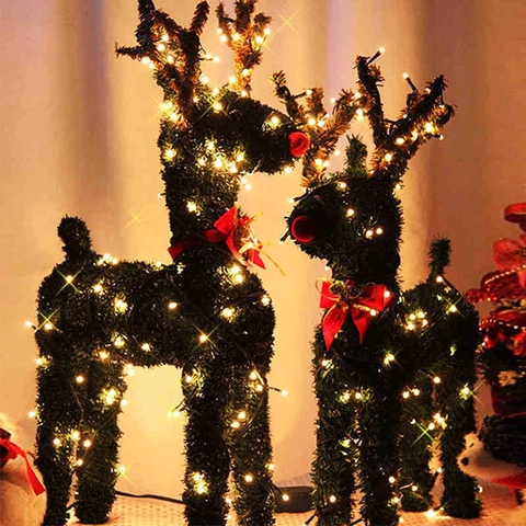 Christmas Reindeer Decoration LED Lighted Artificial Grass Deer Figurine With Red Bow And Bell For Holiday Scene Decor