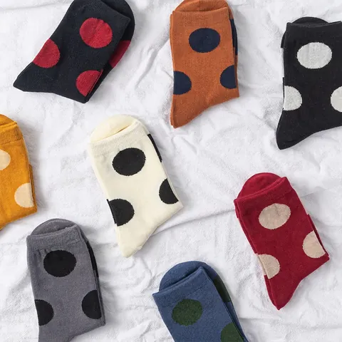 Chaussettes Mi-mollet Rétro Style Japonais pour Femmes avec Grands Pois Respirantes en Mélange de Coton Tricoté